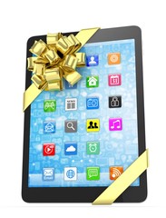 Black tablet with golden bow and icons. 3D rendering.