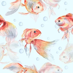 Behang Goudvis Naadloos patroon met goudvissen en bellen 2. Waterverf het schilderen. Handgemaakte tekening.