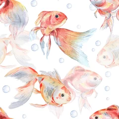Behang Goudvis Naadloos patroon met goudvissen en bellen 1. Waterverf het schilderen. Handgemaakte tekening.