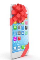 White phone with red bow and icons. 3D rendering.