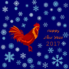 New Year Red Rooster and Showflakes