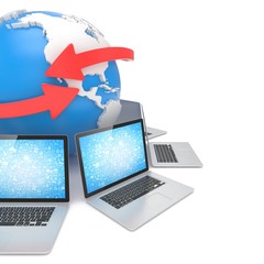 Laptop network around earth globe. 3d rendering.