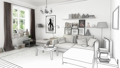 Fototapeta premium Bücher im Wohnzimmer, Einrichtung und Dekoration (Projekt)