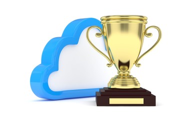 Isoalted golden cup with cloud on white background. Blue contour cloud. Concept of cloud storage competition. Leader cloud drive. Best storage contest. 3D rendering.