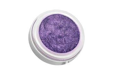 Purple color eyeshadow powder with glitter particles, in round grey open container, beauty product isolated on white background