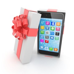 Smartphone in gift box. Isolated on white background. 3d rendering.