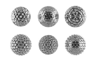 Six chrome abstract spheres 3d render