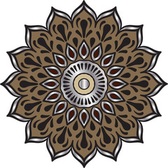 Drawing of a floral mandala in maroon, silver and brown colors on a white background. Hand drawn tribal  vector stock illustration