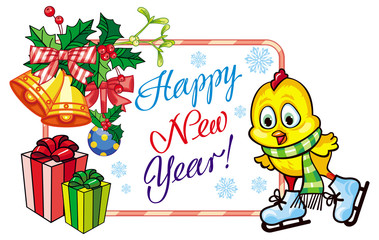 Holiday label with cute chicken and greeting text: