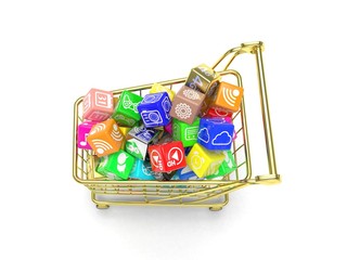 shopping cart with application software icons isolated on a white background. 3d rendering.