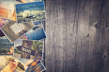 Travel photo collage on wooden background