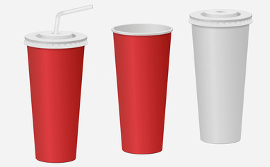Red and white paper cup with a lid. Carbonated drink. Vector