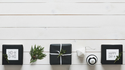 Elegant nordic retro christmas presents, desk view from above, DIY xmas concept