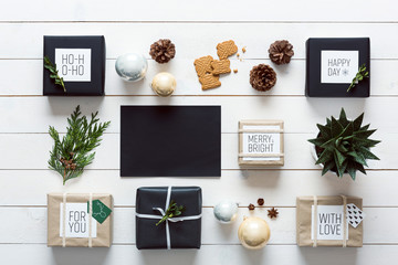 Elegant nordic retro christmas, wrapping station, desk view from above, letter to santa concept