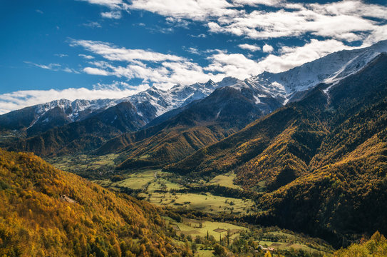 Valley of Enguri river with small georgian villages at oot of mountains of Svaneti Range in Upper Svaneti, Georgia