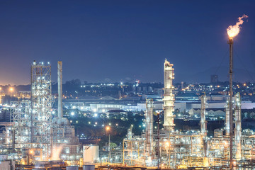 Oil and gas refinery plant at night, Petrochemical factory