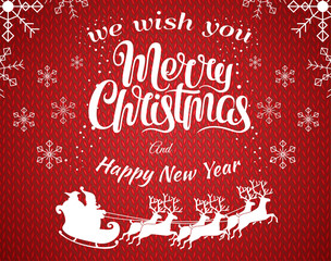 Red vector christmas illustation background with Santa Claus silhouette riding a sleigh with deers. Merry christmass poster with white snowflakes