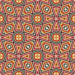 Seamless pattern in Christmas traditional colors. Bright ornamental abstract background. Ethnic and tribal motifs.