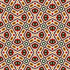 Bright seamless pattern with geometric ornament in Christmas traditional colors. Ethnic and tribal motifs.