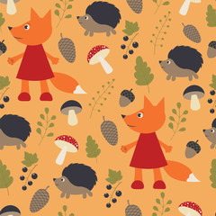 Seamless vector background with wild animals and plants in the children's style.