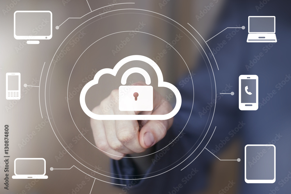 Poster businessman push button cloud lock icon network computer
