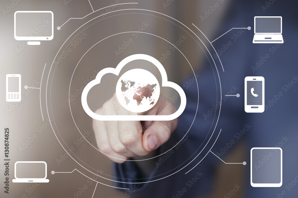 Poster businessman push button cloud map icon network computer