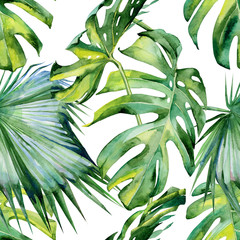 Seamless watercolor illustration of tropical leaves, dense jungle. Hand painted. Banner with tropic summertime motif may be used as background texture, wrapping paper, textile or wallpaper design. - 130874879