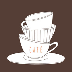 Stacked cups illustration. Hand drawn set of cups. Cafe vector design