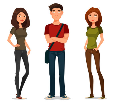 cartoon illustration of young people in casual outfit