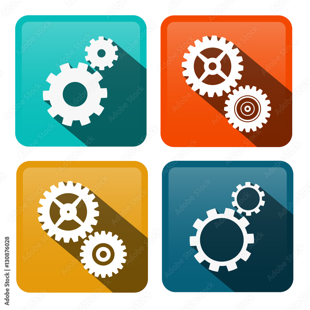 Aufkleber cogs. vector gears flat design icons on rounded squares. technology symbols.
