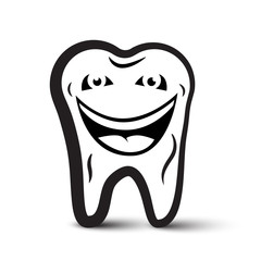 Tooth Cartoon. Vector Black and White Icon.