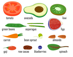 Superfood fruits and vegetables isolated vector set. Figs spinach goji raw cacao bean sprout vegetarian vegan food