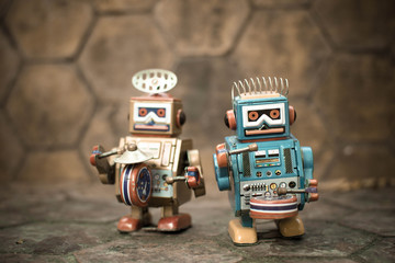 Old robot toy, vintage color style, vintage tone background.