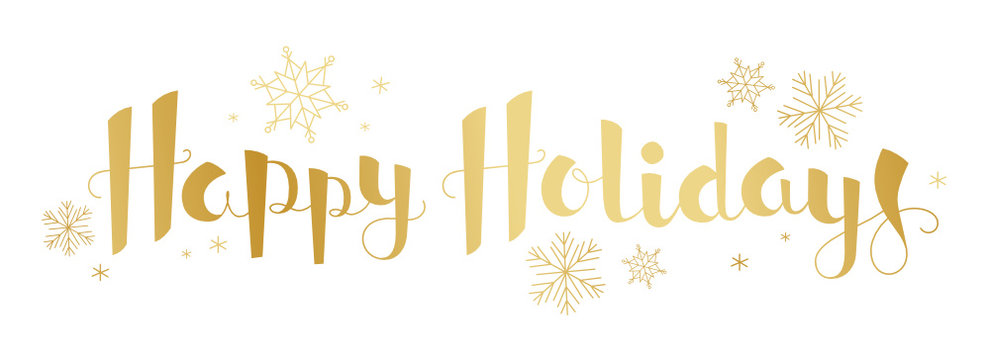 HAPPY HOLIDAYS banner in faux calligraphy handdrawn font with snowflakes
