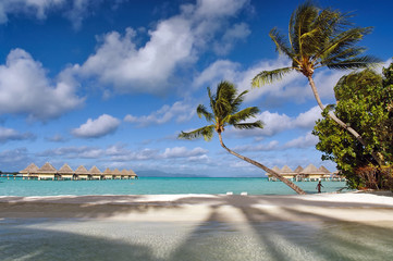 Beautiful South Pacific island beach scene in Matira beach, Bora Bora island.