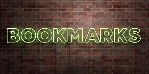 BOOKMARKS - fluorescent Neon tube Sign on brickwork - Front view - 3D rendered royalty free stock picture. Can be used for online banner ads and direct mailers..