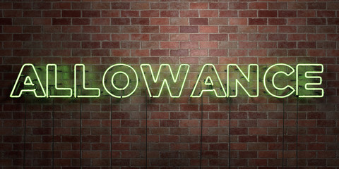 ALLOWANCE - fluorescent Neon tube Sign on brickwork - Front view - 3D rendered royalty free stock picture. Can be used for online banner ads and direct mailers..