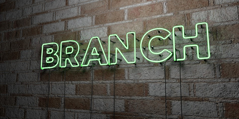 BRANCH - Glowing Neon Sign on stonework wall - 3D rendered royalty free stock illustration.  Can be used for online banner ads and direct mailers..