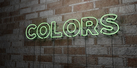 COLORS - Glowing Neon Sign on stonework wall - 3D rendered royalty free stock illustration.  Can be used for online banner ads and direct mailers..