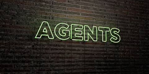 AGENTS -Realistic Neon Sign on Brick Wall background - 3D rendered royalty free stock image. Can be used for online banner ads and direct mailers..