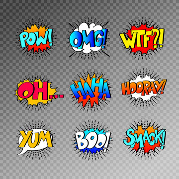 collection of nine multicolored comic sound effects in pop art s