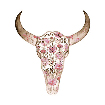 Naklejka Watercolor  skull with peony pattern. Decoration motif for tatto