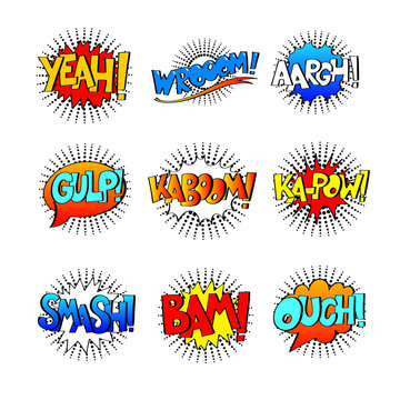 collection of nine multicolored comic sound effects in pop art s