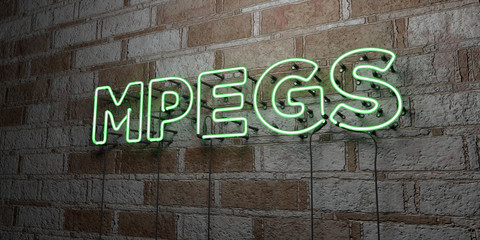 MPEGS - Glowing Neon Sign on stonework wall - 3D rendered royalty free stock illustration.  Can be used for online banner ads and direct mailers..