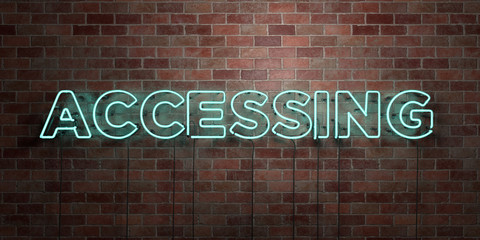 ACCESSING - fluorescent Neon tube Sign on brickwork - Front view - 3D rendered royalty free stock picture. Can be used for online banner ads and direct mailers..