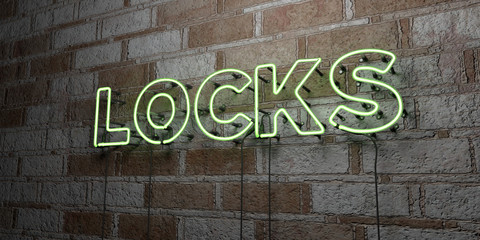 LOCKS - Glowing Neon Sign on stonework wall - 3D rendered royalty free stock illustration.  Can be used for online banner ads and direct mailers..