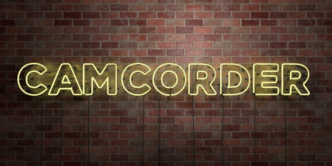 CAMCORDER - fluorescent Neon tube Sign on brickwork - Front view - 3D rendered royalty free stock picture. Can be used for online banner ads and direct mailers..
