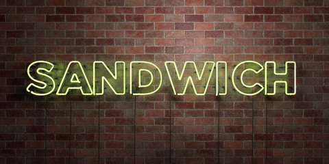 SANDWICH - fluorescent Neon tube Sign on brickwork - Front view - 3D rendered royalty free stock picture. Can be used for online banner ads and direct mailers..