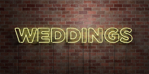 WEDDINGS - fluorescent Neon tube Sign on brickwork - Front view - 3D rendered royalty free stock picture. Can be used for online banner ads and direct mailers..