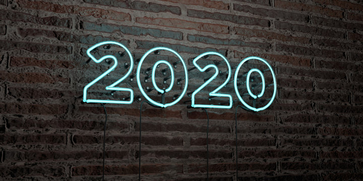 2020 -Realistic Neon Sign on Brick Wall background - 3D rendered royalty free stock image. Can be used for online banner ads and direct mailers..